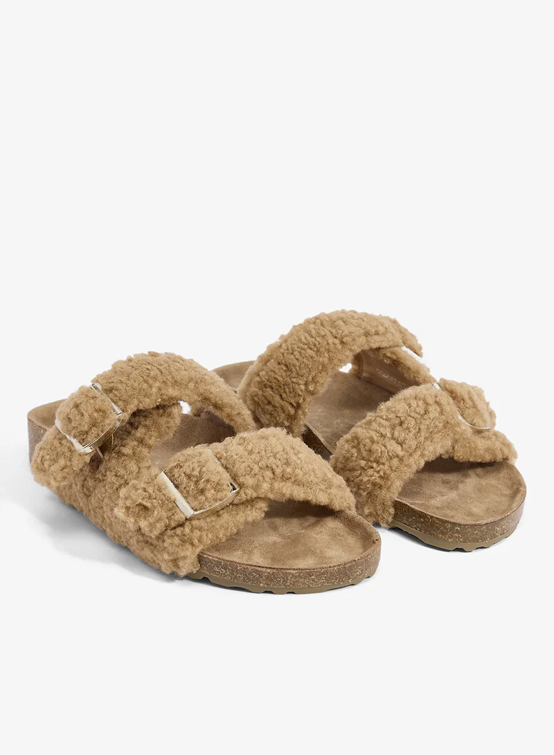 Ginger Brown Cork Faux Fur Flat Sandals for Women | Best Price UAE